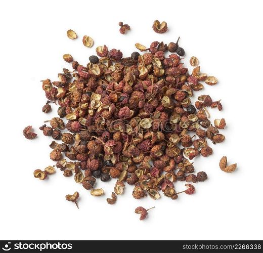 Heap of dried Sichuan pepper seeds on white background