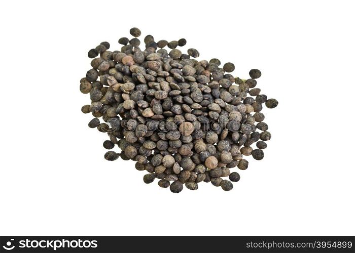 Heap of dry French lentils isolated on white