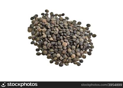Heap of dry French lentils isolated on white