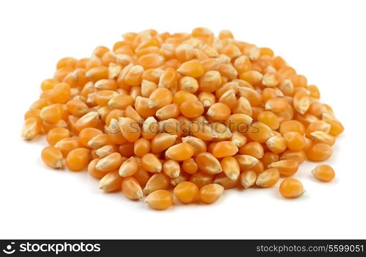 Heap of dry popcorn seeds isolated on white