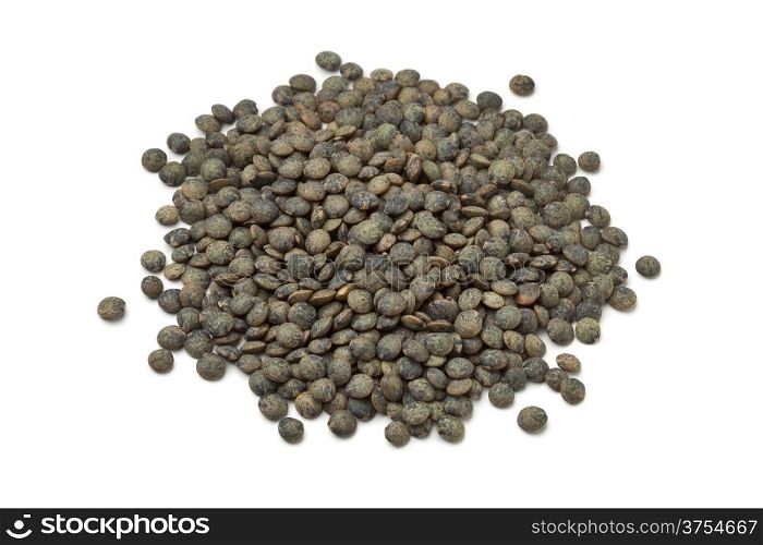 Heap of du Puy lentils on white background