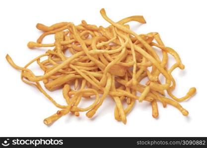 Heap of ffresh cordyceps fungus isolated on white background close up
