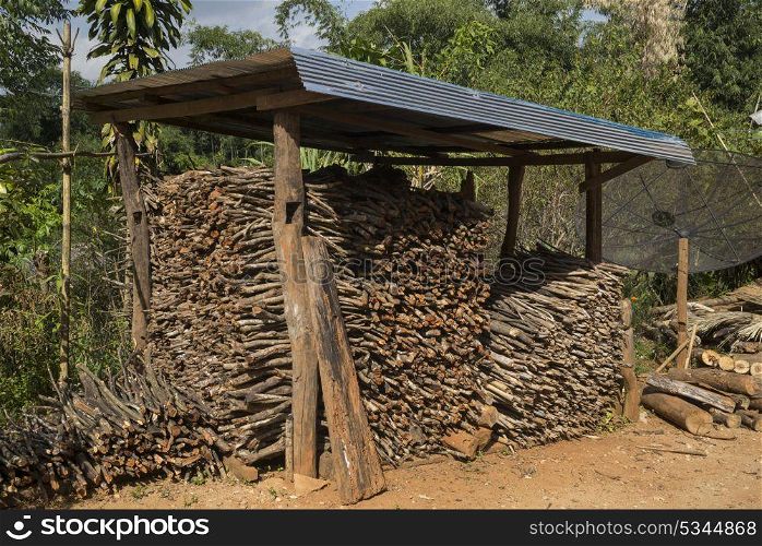Heap of firewood in shed, Chiang Rai, Thailand