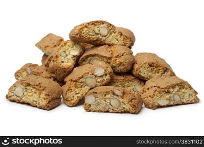 Heap of fresh baked cantuccini on white background