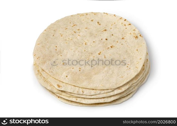 Heap of fresh baked tortilla close up isolated on white background