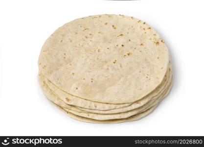 Heap of fresh baked tortilla close up isolated on white background