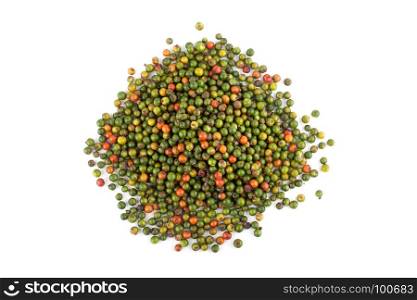 heap of fresh green and orange peppercorns on white background