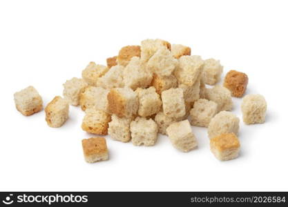 Heap of fresh natural croutons close up isolated on white background