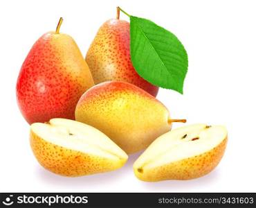 Heap of fresh orange pears with green leaf. Placed on white background. Close-up. Studio photography.