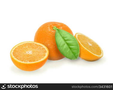 Heap of fresh orange with green leaf. Placed on white background. Close-up. Studio photography.