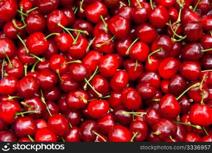 Heap Of Fresh Organic Red Cherries At A Street Market In Istanbul, Turkey. Carsamba Fatih Pazari (Bazaar)