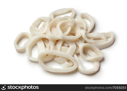 Heap of fresh raw squid rings on white background