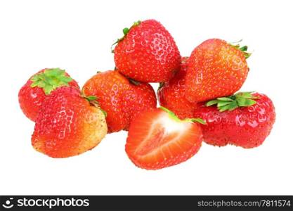 Heap of fresh red strawberry. Isolated on white background. Close-up. Studio photography.