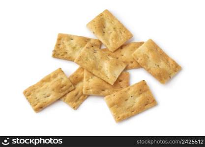 Heap of fresh traditional Italian Scrocchi, rosemary and sea salt crackers, close up isolated on white background