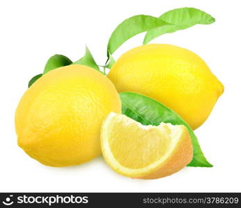 Heap of fresh yellow lemons with green leaf. Placed on white background. Close-up. Studio photography.