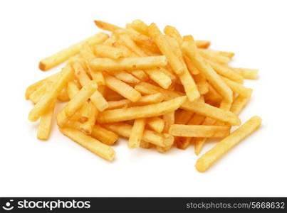 Heap of fried potato chip sticks isolated on white