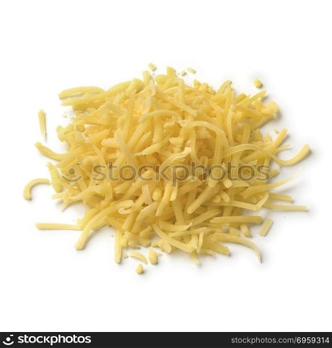 Heap of grated Dutch Gouda cheese isolated on white background. Heap of grated Dutch Gouda cheese