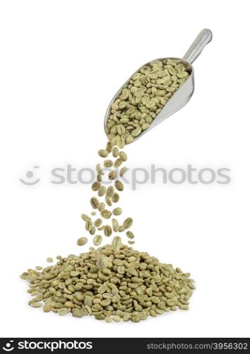 heap of green coffee beans and metal scoop isolated on white