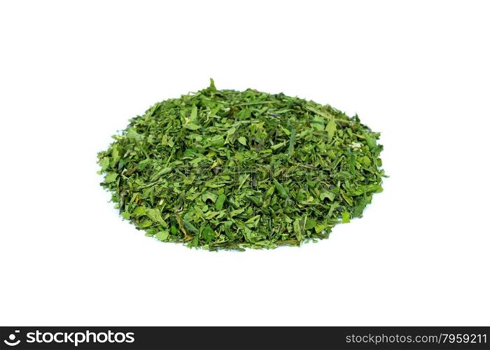 Heap of green hemp tea isolated on white background