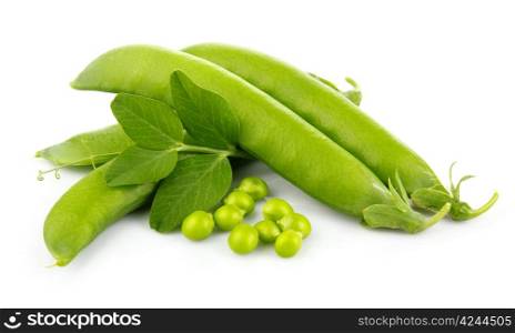 Heap of green pea pods with leaves isolated on white background