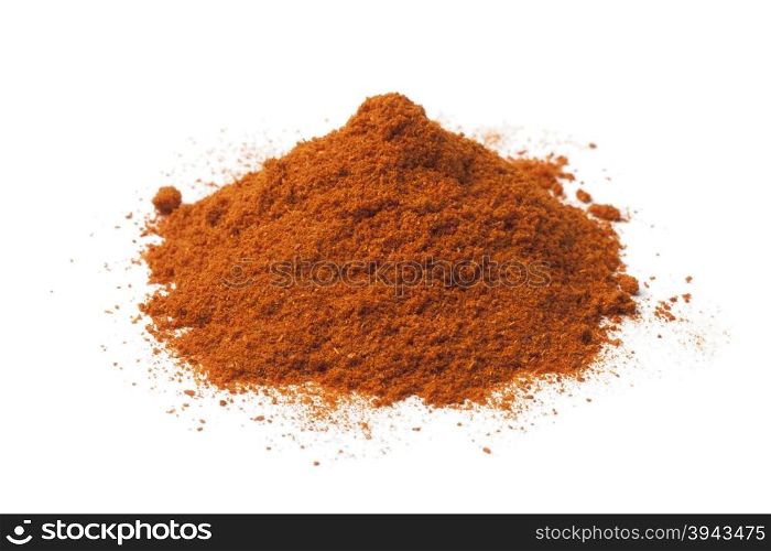 Heap of ground chili powder on white background
