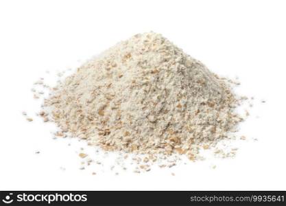 Heap of ground wholemeal flower close up isolated on white background   