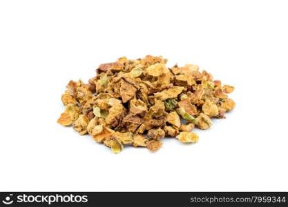 Heap of loose apple pieces isolated on white background