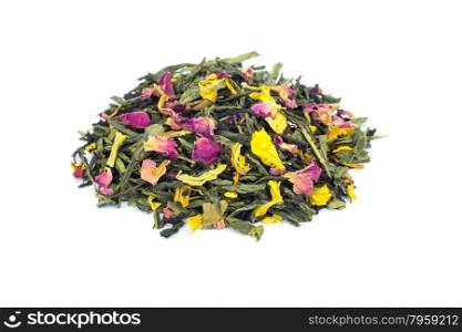 Heap of loose Emperor&rsquo;s 7 treasures tea isolated on white