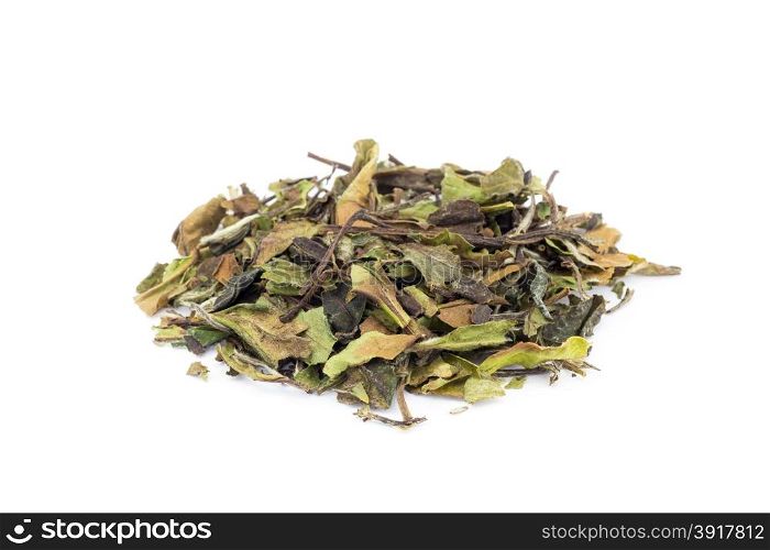 Heap of loose green leaves of white tea bai mu dan isolated on white background