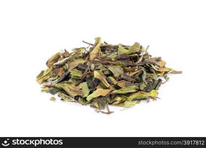 Heap of loose green leaves of white tea bai mu dan isolated on white background