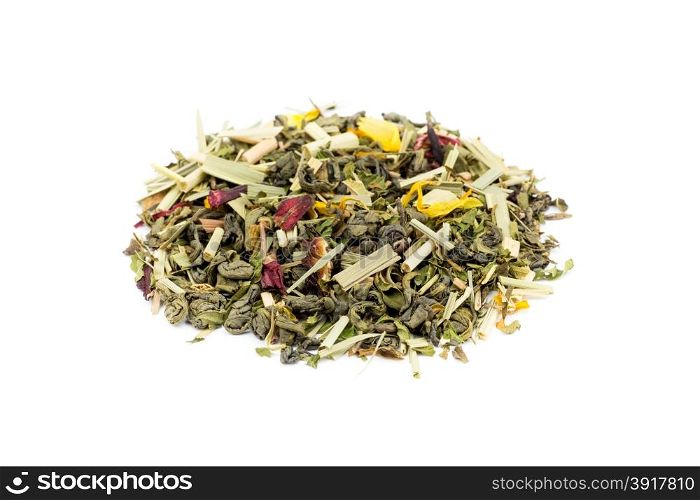 Heap of loose green tea rise and grind isolated on white background