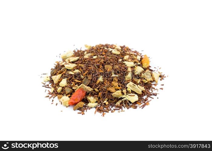 Heap of loose red bush hot spicy winter tea isolated on white background