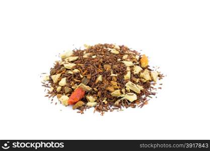 Heap of loose red bush hot spicy winter tea isolated on white background