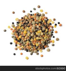 Heap of mixed different types of colorful lentils on white background