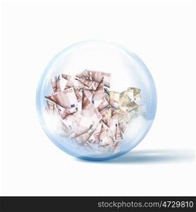 heap of money bills. Image of heap of money bills inside a glass sphere