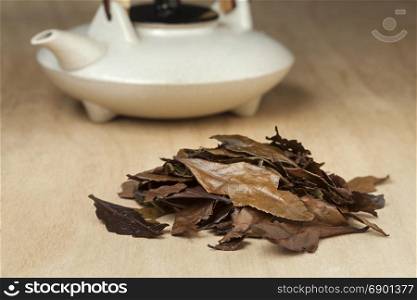 Heap of mountain tea leaves of the Meiji, Japanese old style tea