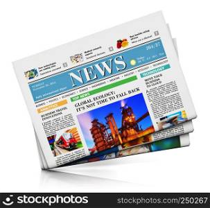 Heap of newspapers with business news isolated on white background with reflection effect