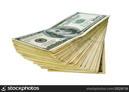 heap of one hundred dollar banknotes isolated on white background