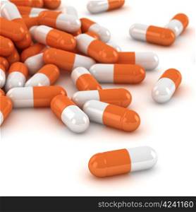 Heap of orange and white capsules, three-dimensional computer graphic.
