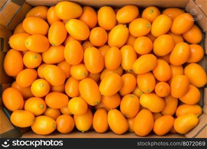 Heap of orange kumquats in cardboard box on market