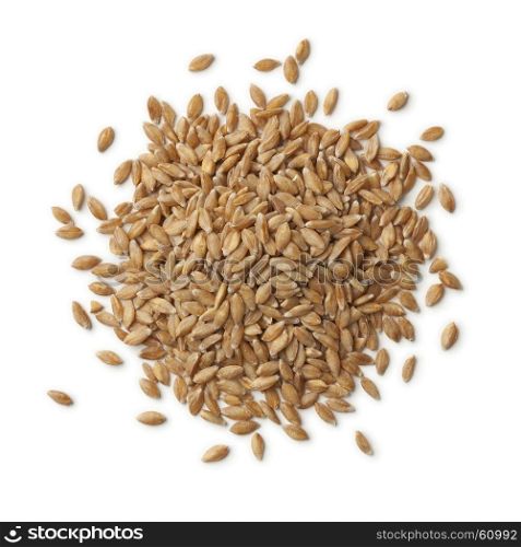 Heap of organic Einkorn wheat seeds on white background