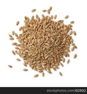 Heap of organic Einkorn wheat seeds on white background