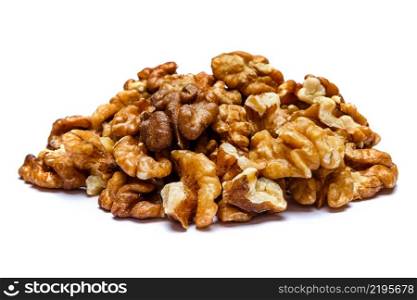 heap of organic shelled walnuts isolated on white background. heap of shelled walnuts isolated on white background