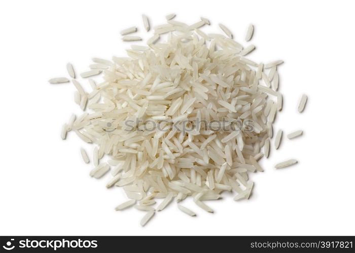 Heap of raw Basmati rice on white background