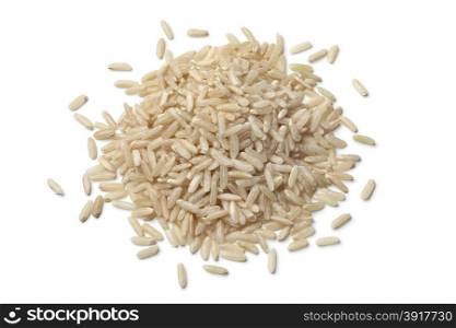 Heap of raw brown rice on white background