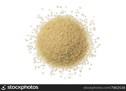 Heap of raw couscous grains on white background