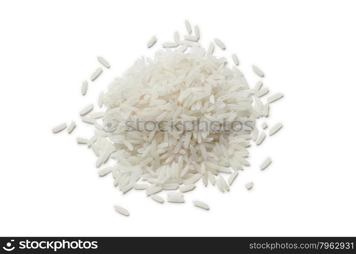 Heap of raw Jasmine rice on white background