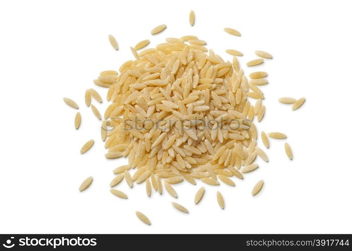 Heap of raw orzo pasta on white background