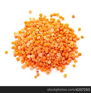 Heap of raw red lentils isolated on white background