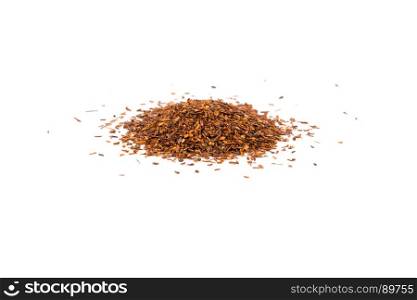 Heap of red dry rooibos healthy traditional organic tea on white isolated background